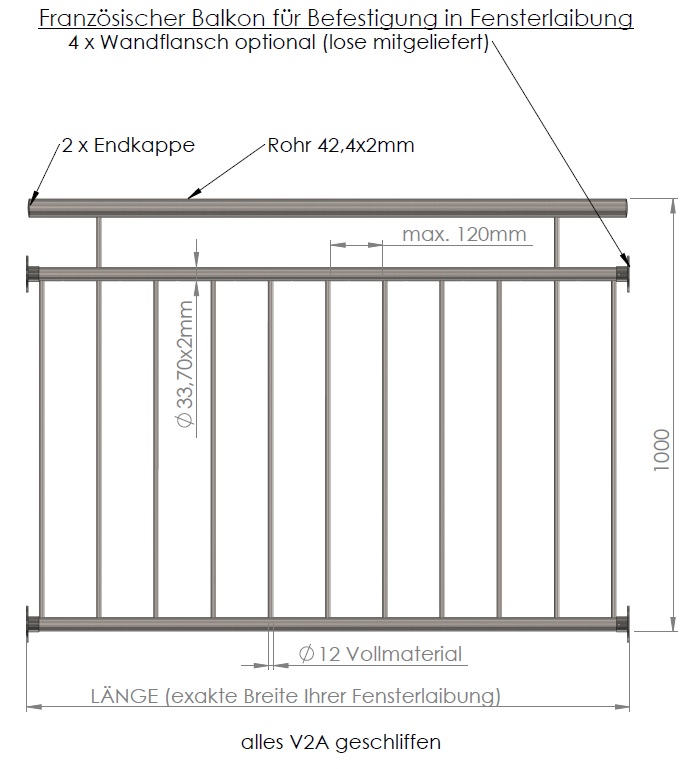 90x128CM Balkon V2A Fenster Geländer Edelstahl Französischer Balkon Gitter NEU 
