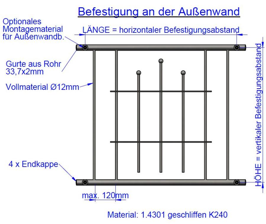 Auswahl Zeichnung Maße bei Befestigung in Außenwand